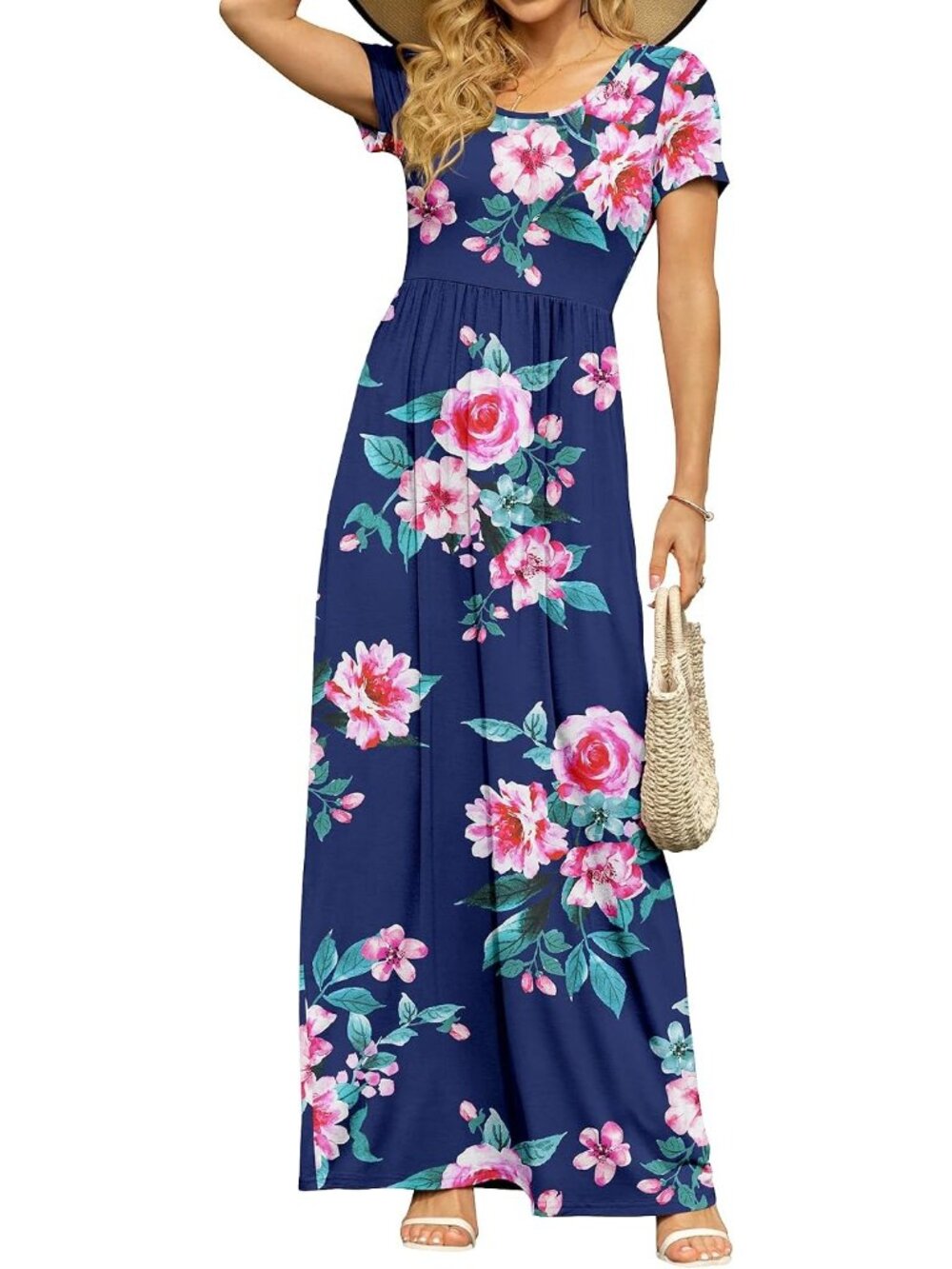 〽️Womens Navy Blue Flower Summer Maxi Dress Short Sleeve Pockets Empire Waist